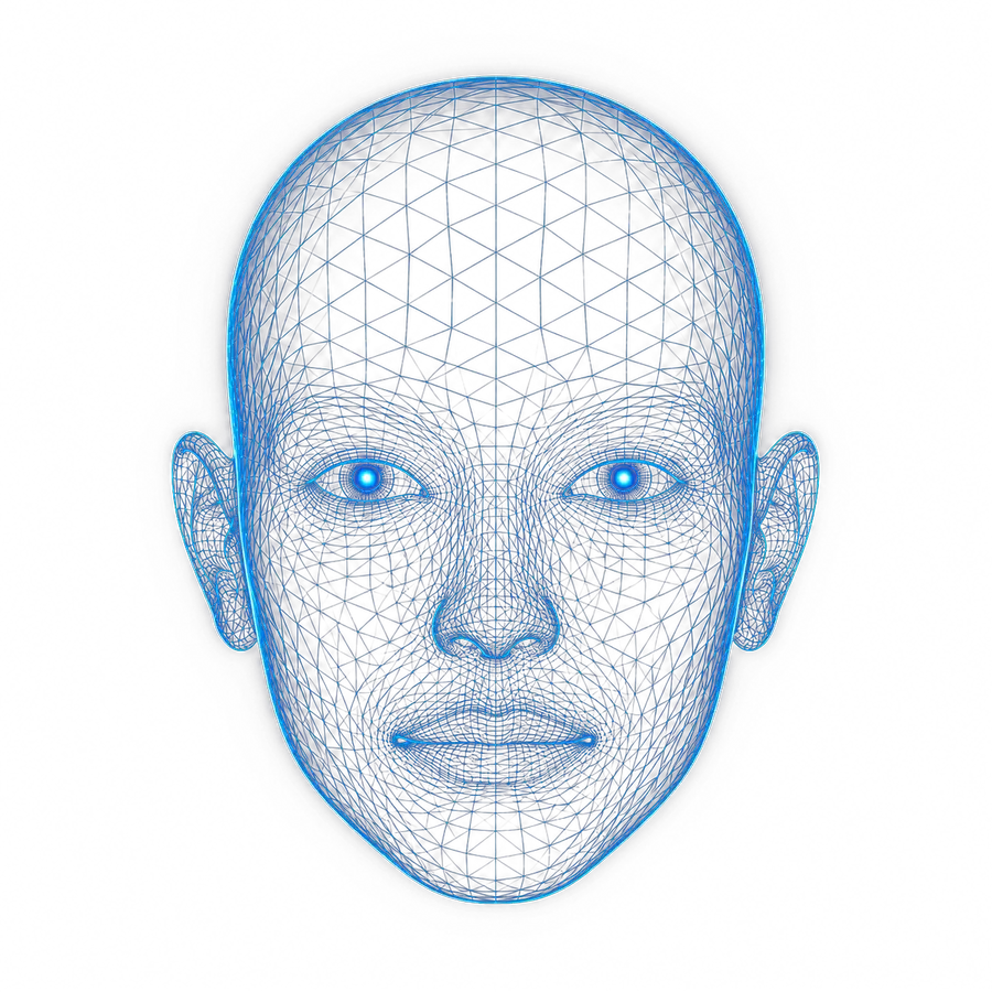 Blue 3D wireframe AI head — VR Web Designers web design studio